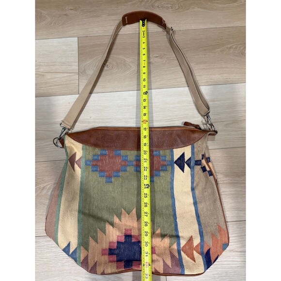 vintage Large Boho Tote Bag Crossbody Strap Aztec Weave Brown Leather Trim - Picture 7 of 7